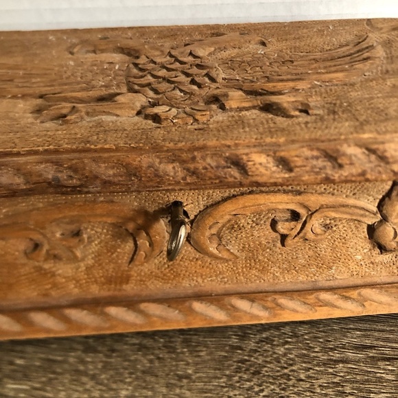 Hand Carved Double Eagle Wood Box with Key - Picture 4 of 15
